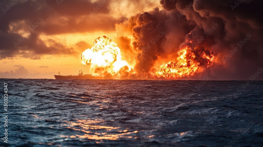 A ship is on fire in the ocean
