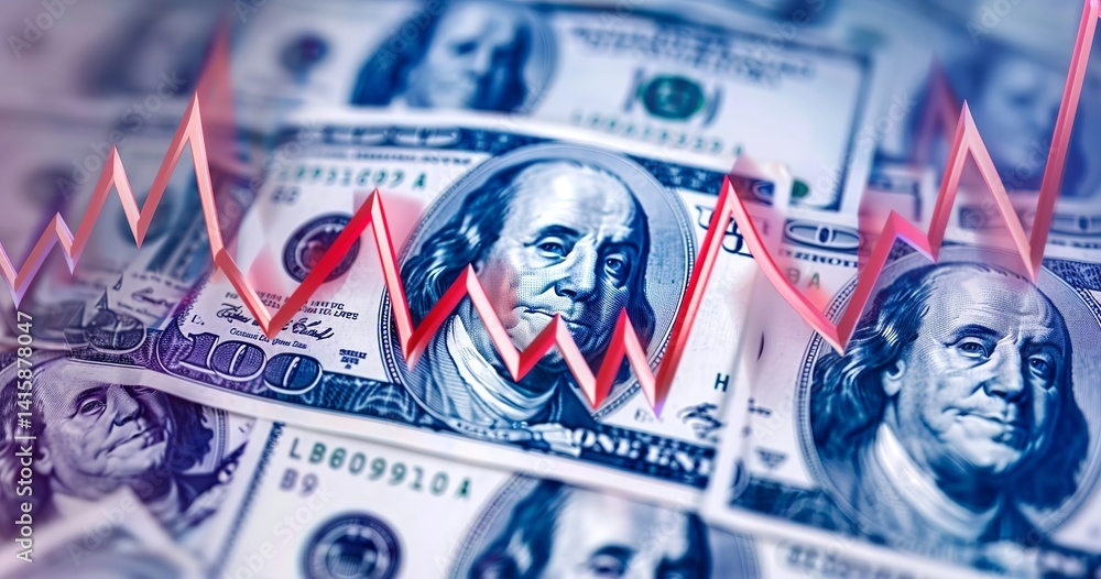 A stock market graph with red and blue arrows, dollar bills in the background, with a portrait of