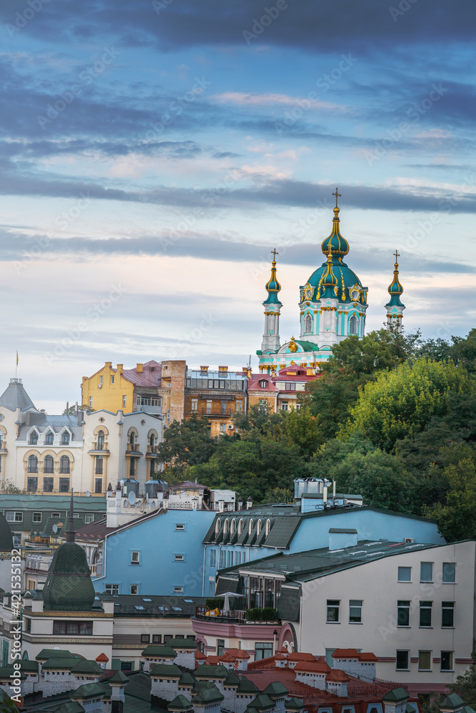 Aerial skyline of Kyv with St. Andrew's church at sunset - Kiev, Ukraine