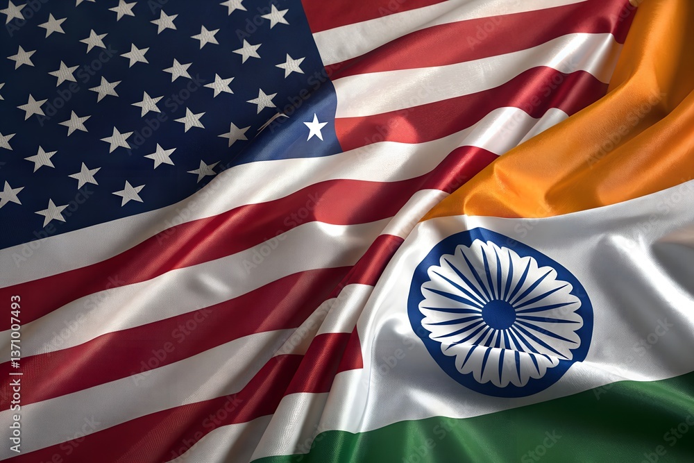 America and India. Bilateral Relations Between America and India. Diplomatic USA and Indian Flags Unity Concept with Wave Effect.