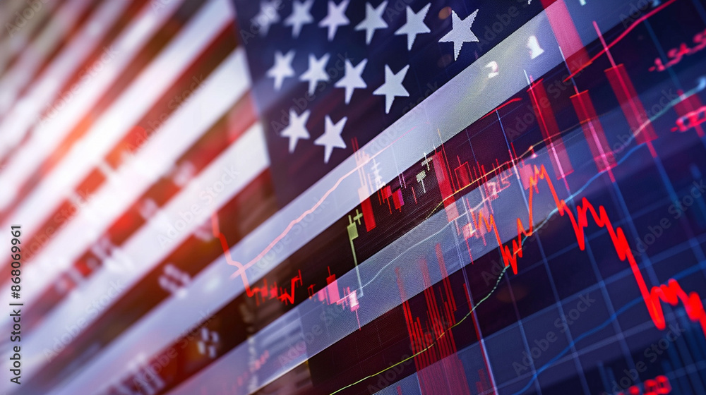 American Flag and Stock Market Graph: Economic Decline Concept for Financial News and US Economy Analysis