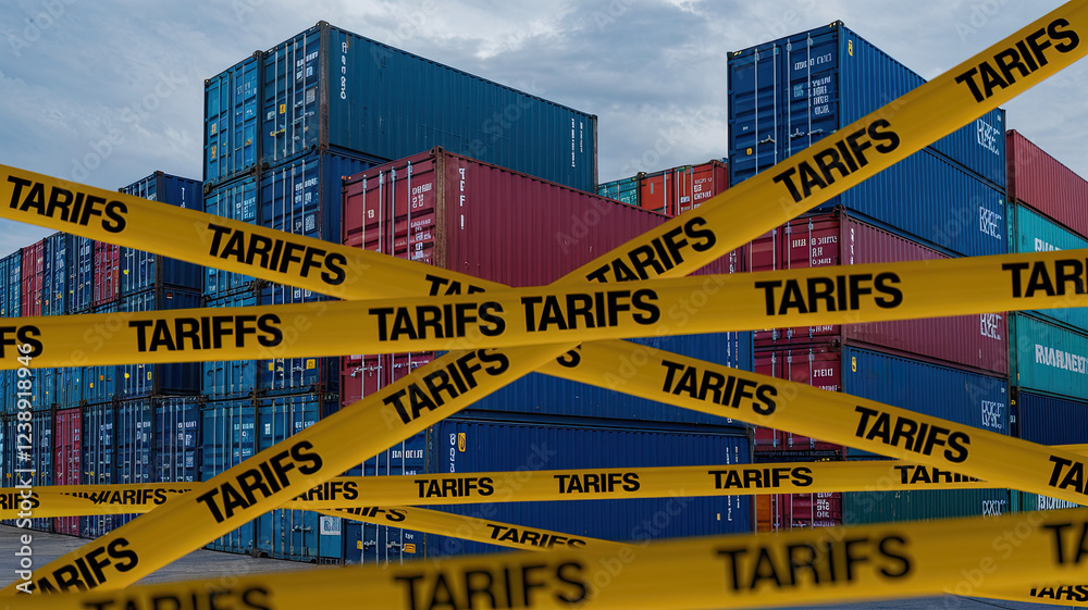 American tariffs. Cargo Containers in Port with Yellow 'TARIFFS' Caution Tapes and American Flag Design, Overcast Sky Background. Conceptual image of tariffs