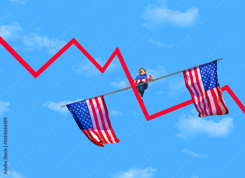 An investor businessman treads carefully on a high wire made of a stock market chart as he traverses the USA economy in a 3-d illustration..