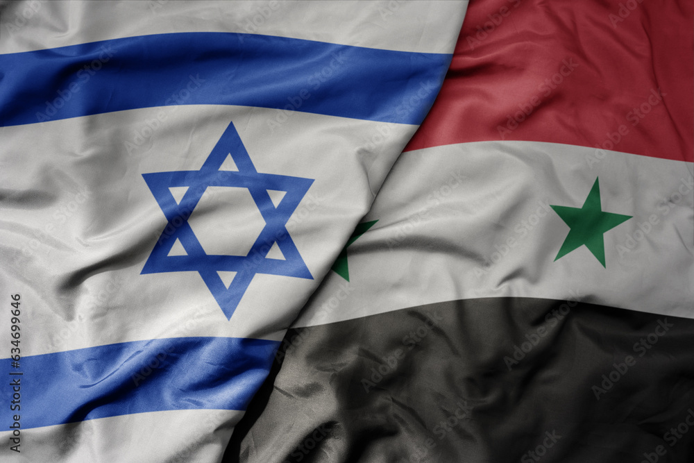 big waving realistic national colorful flag of israel and national flag of syria .