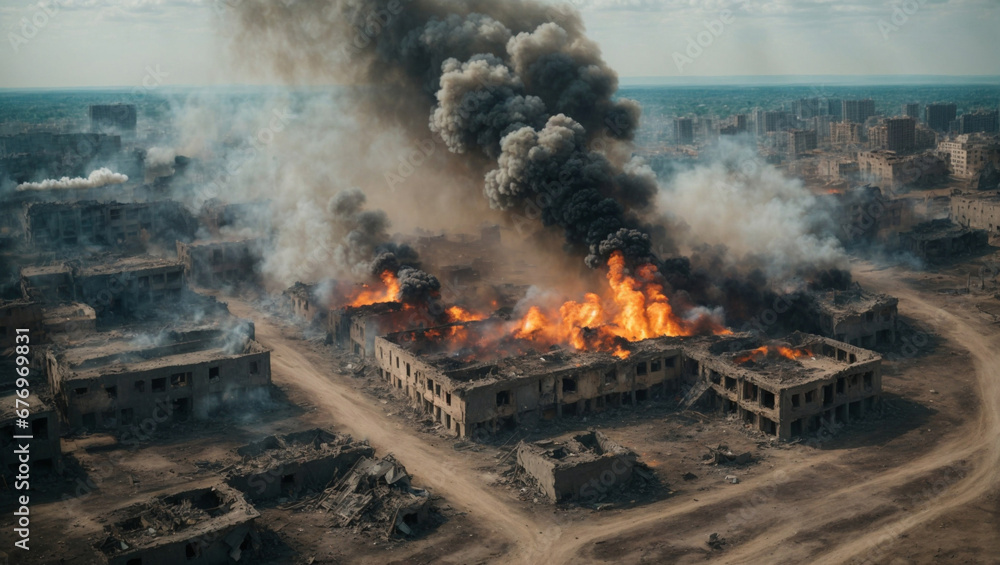 bird's-eye view of burning ruins of deserted destroyed houses in megapolis from bombs or earthquake