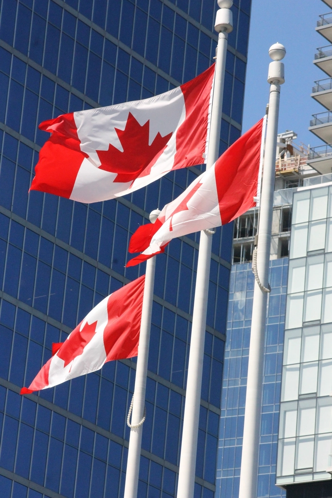Canada flags front building