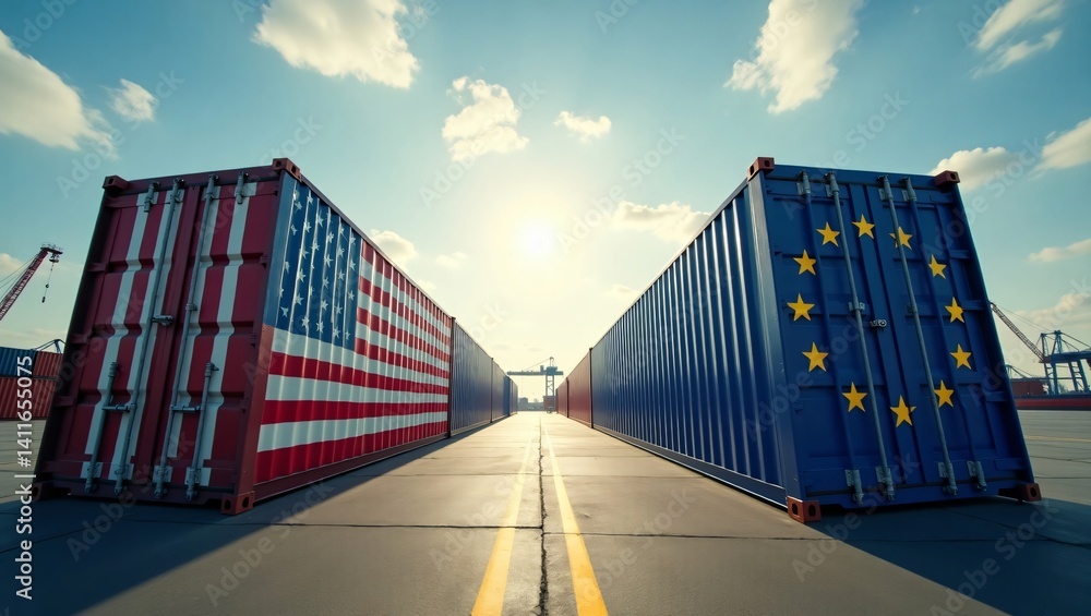 Cargo containers with American and European flags standing opposed, metaphor for global economic tension and tariffs in trade war