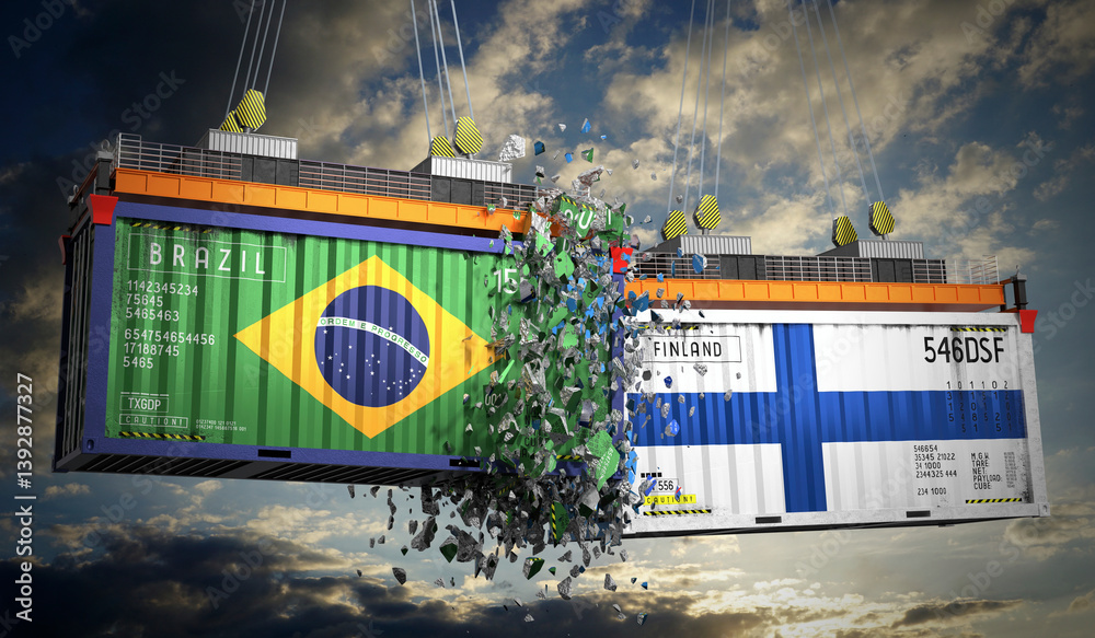 Cargo containers with flags of Brazil and Finland - 3D illustration