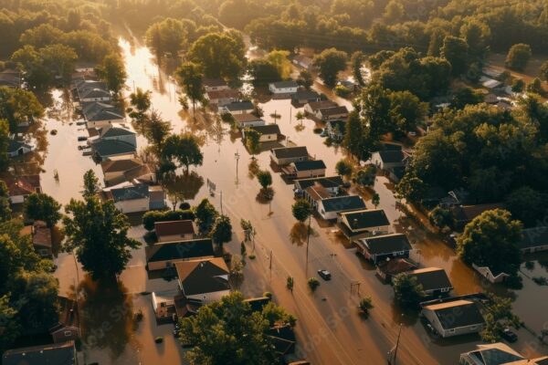 Catastrophic Flood in Suburban Neighborhood: Dam Breach, Houses Inundated, Residents Await Rescue on Rooftops
