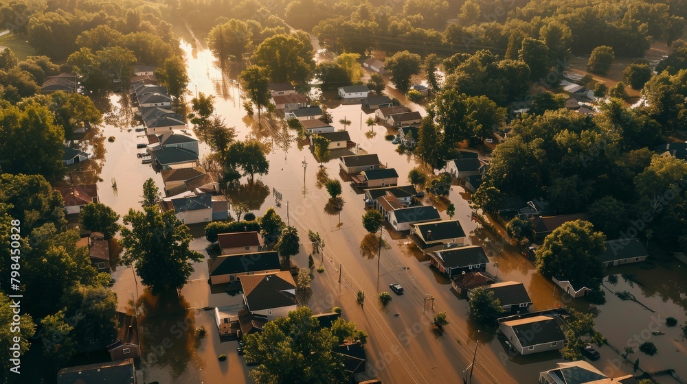 Catastrophic Flood in Suburban Neighborhood: Dam Breach, Houses Inundated, Residents Await Rescue on Rooftops