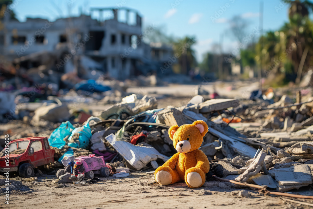 Childrens toys scattered amongst rubble subtle testimonies of Gazas displaced youth