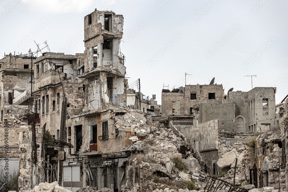 City of Aleppo and destroyed building in Syria 2019