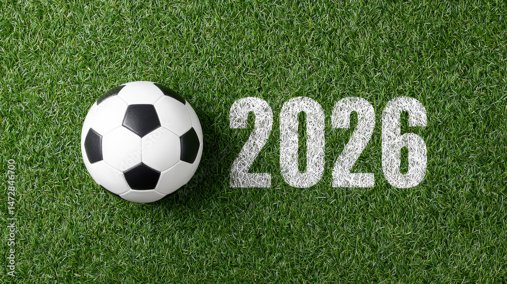 Classic soccer ball lying on the green grass of a playing field with the number 2026 painted on the ground