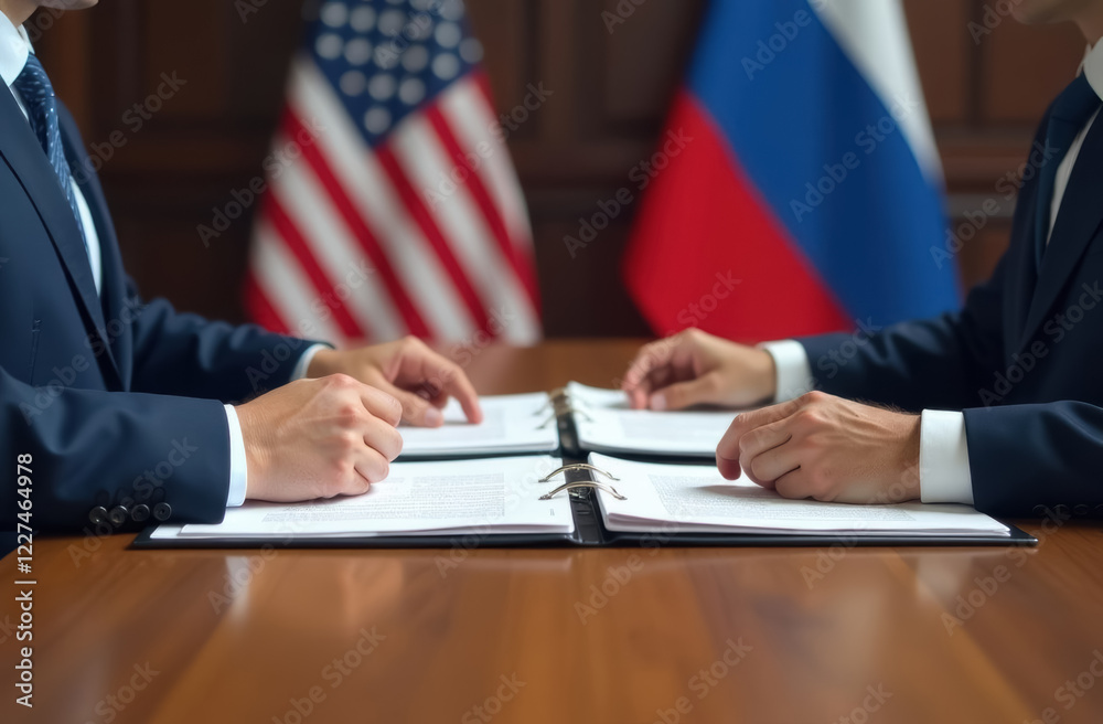 close-up of hands of two diplomats against background of US and Russian flags