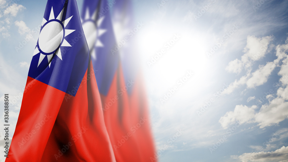 Close up waving flag of Taiwan. National Taiwan flag in the sky.