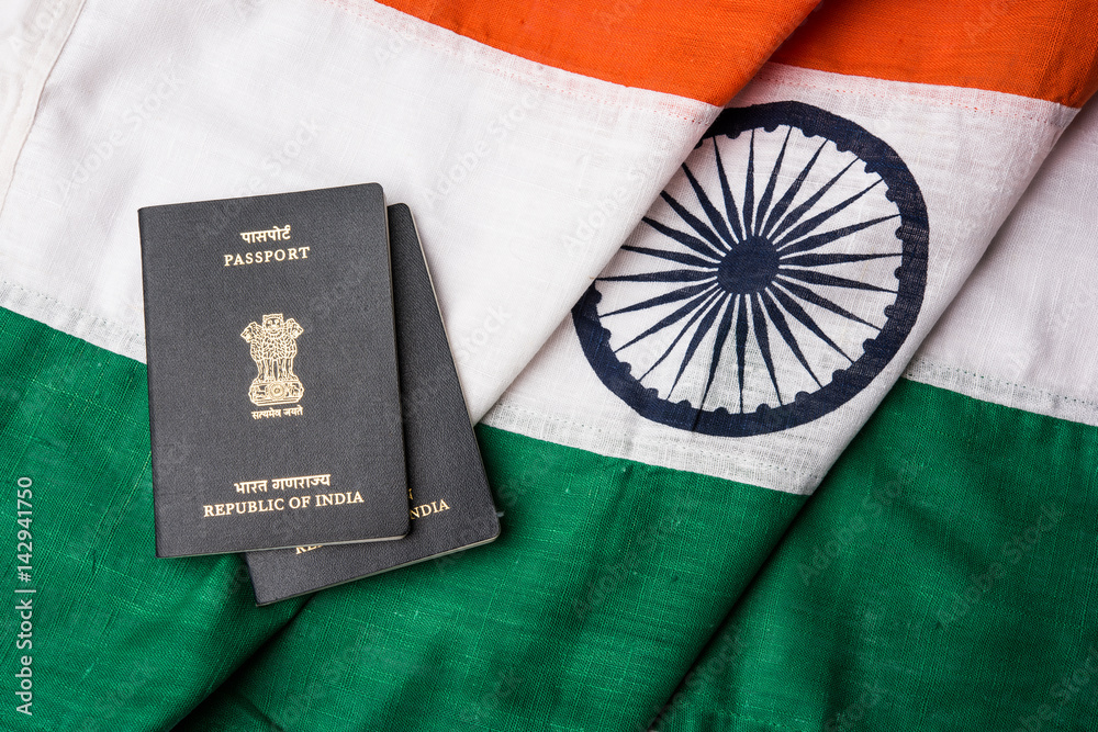 closeup picture showing hands holding indian passport over globe background, selective focus
