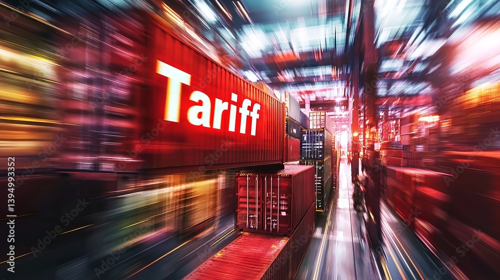Dynamic view of shipping containers with the word 'Tariff' highlighted, reflecting trade issues and global commerce.