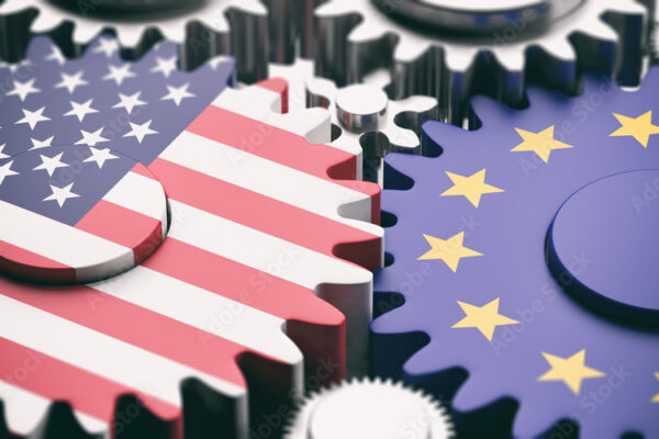 European Union and US of America flags on metal cogwheels. 3d illustration