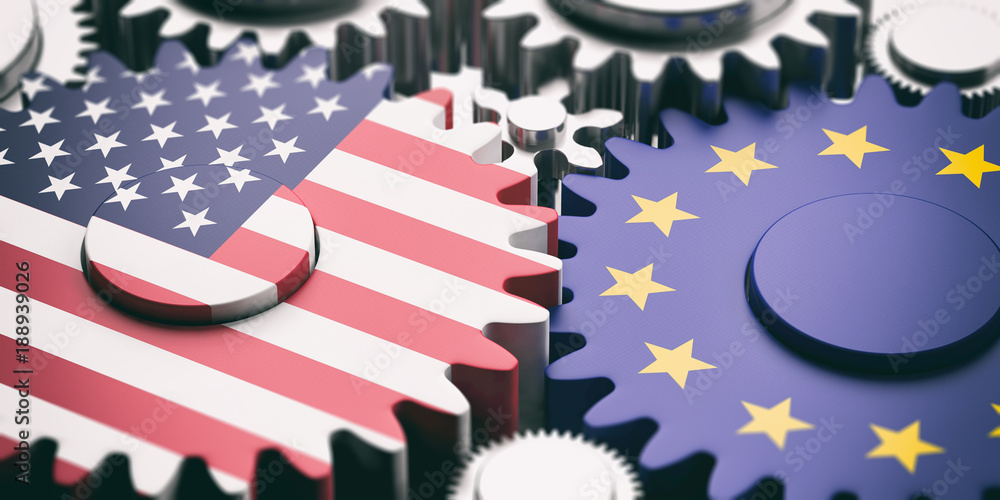 European Union and US of America flags on metal cogwheels. 3d illustration