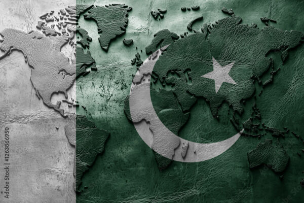 Flag of pakistan on the ancient leather old world map . Adventure concept. Macro shot. Generative Ai
