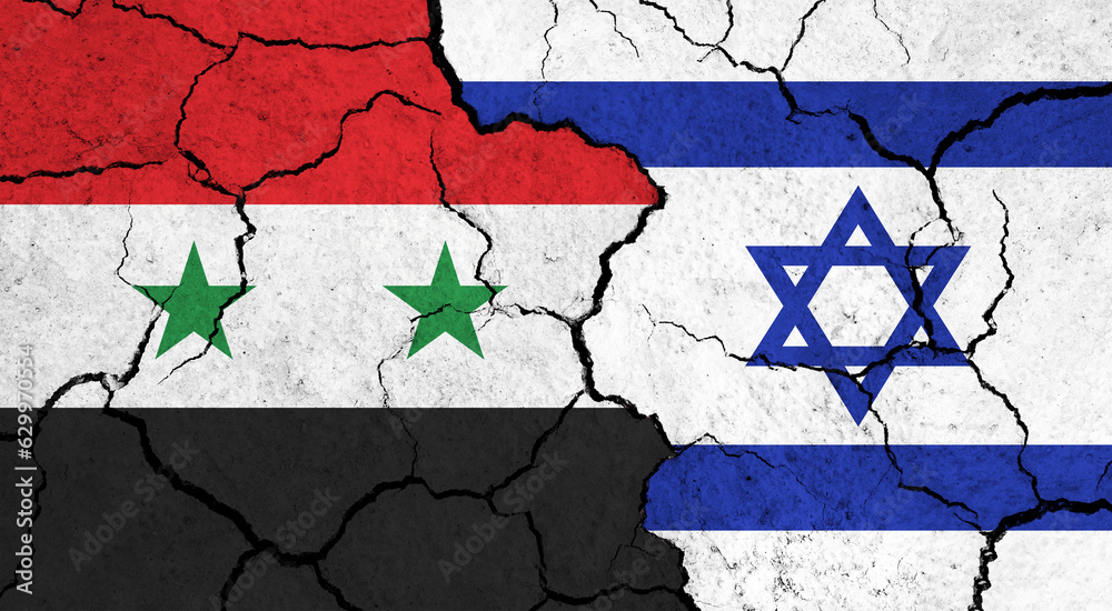 Flags of Syria and Israel on cracked surface - politics, relationship concept