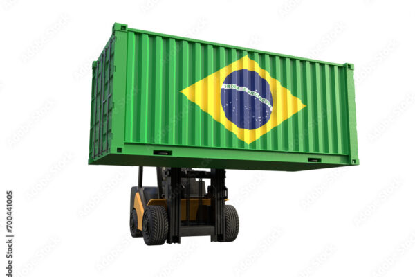 Forklift truck lifting container with Brazil flag on transparent background