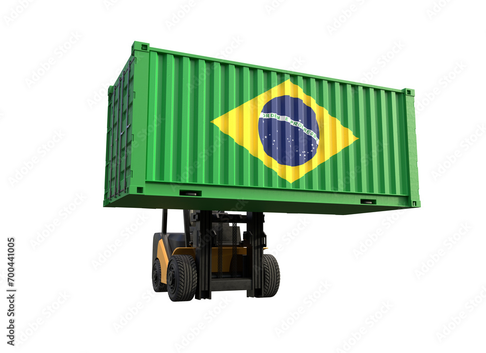 Forklift truck lifting container with Brazil flag on transparent background