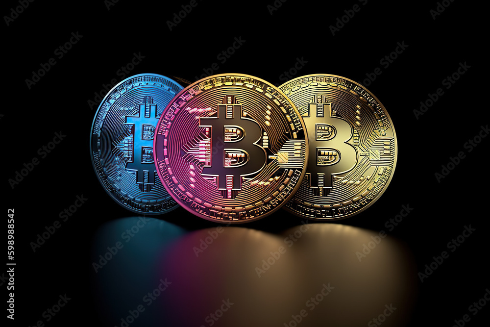 Generative AI image of crypto currency gold color round shaped Bitcoins placed on hard surface in reflecting neon lights against black background