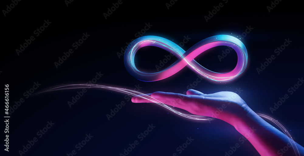 Hand holding virtual reality infinity symbol community connection of metaverse world global network technology system and abstract loop sign element on innovation digital communication 3d background.