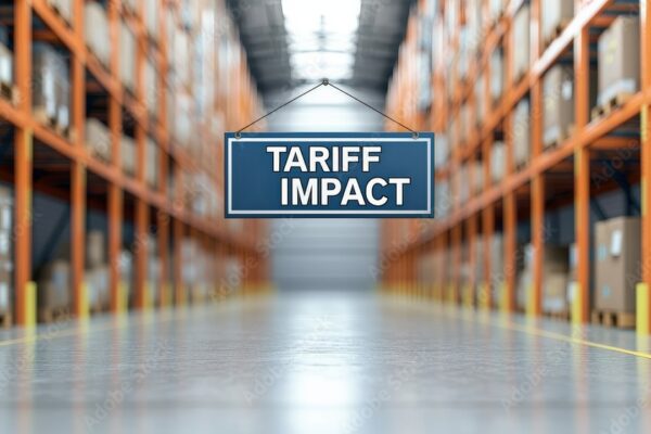 Import Tariffs trade impact concept. Warehouse interior with a sign reading "Tariff Impact.