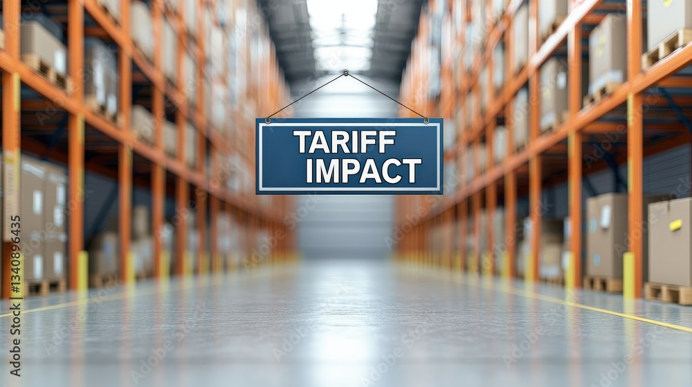 Import Tariffs trade impact concept. Warehouse interior with a sign reading "Tariff Impact.