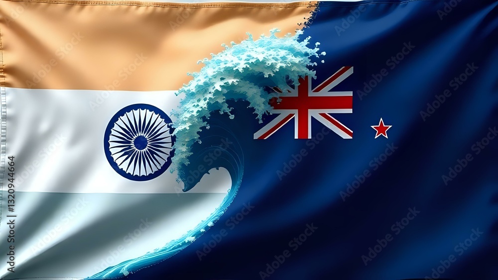 India vs New Zealand Flags Waving in the Sea, Symbolizing a Thrilling Clash of Nations and Unity in Sports