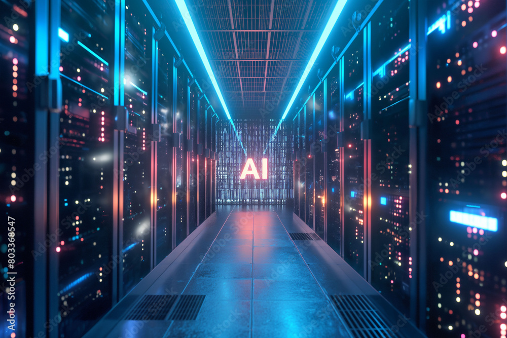 Inside a dynamic data center with a central AI sign, illustrating the role of artificial intelligence in enhancing data processing and storage solutions.