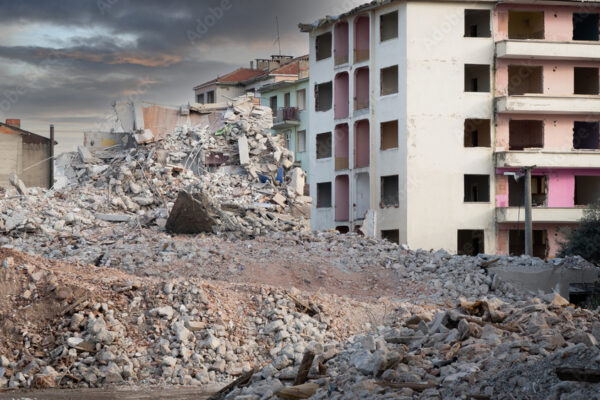 Israel Palestine war. War debris in a city after bombardment. War in middle east