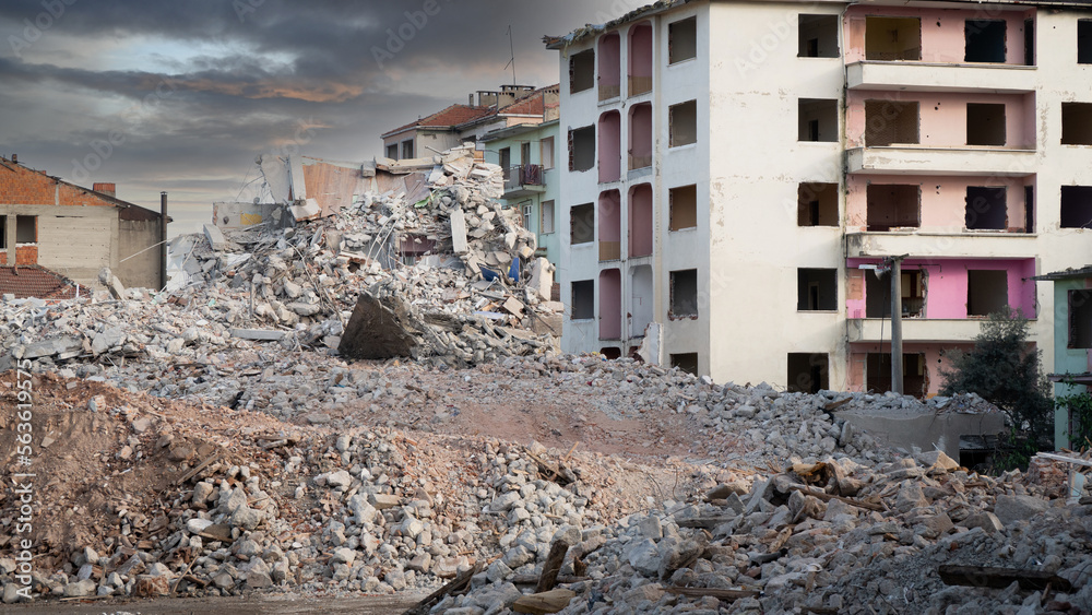 Israel Palestine war. War debris in a city after bombardment. War in middle east
