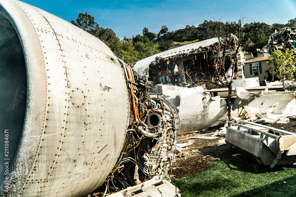 Jet engine and fuselage torn apart from from plane crash