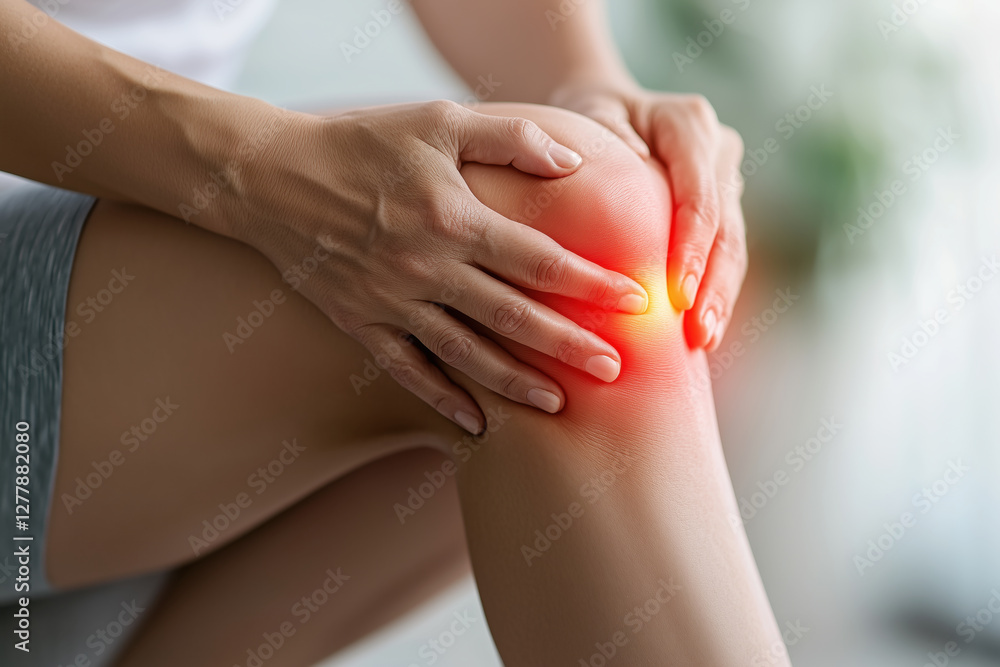 Knee pain, joint inflammation, arthritis and degenerative changes, woman suffering from leg ache and doing self-massage