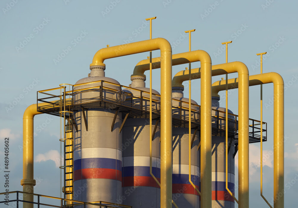 Natural gas tank with a Russian flag at a gas plant