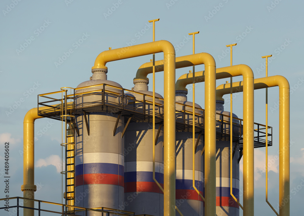 Natural gas tank with a Russian flag at a gas plant