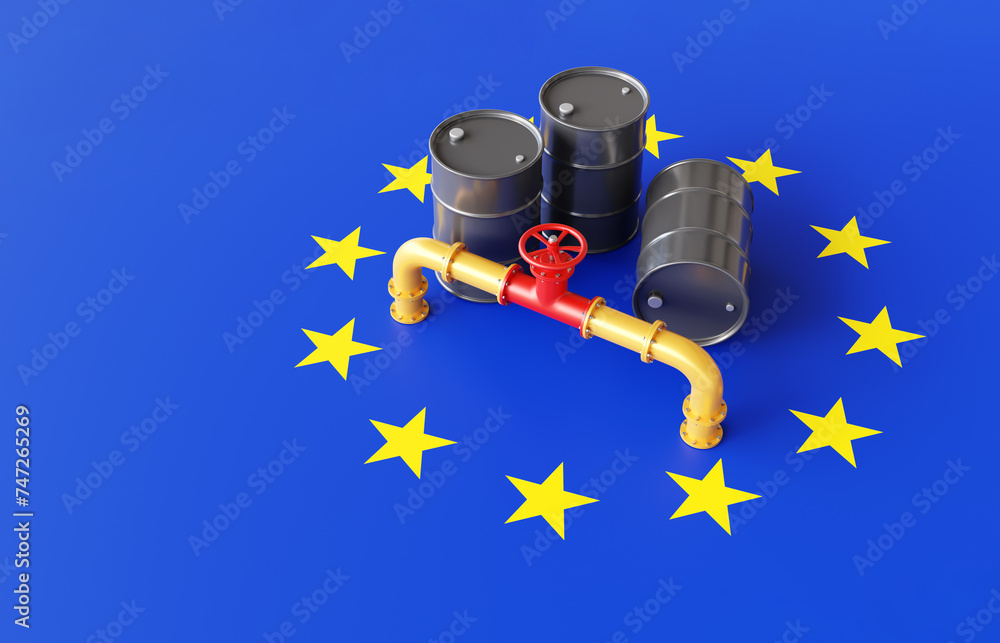 Oil barrels and gas pipeline on a European Union flag. European Union oil market concept. 3d-rendering