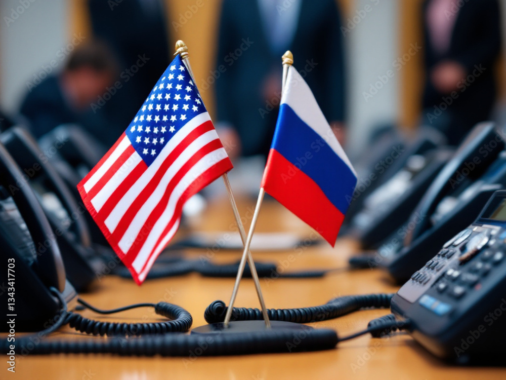 professional diplomatic exchange between usa and russia representatives seated in formal discussion with national flags present during official bilateral talks