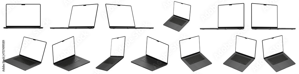Realistic Laptop Bundle. Based on real image, 13 most popular angles. Transparent screen and isolated from background. Space Black Color, Highly Detailed. Realistic Laptop mockup set