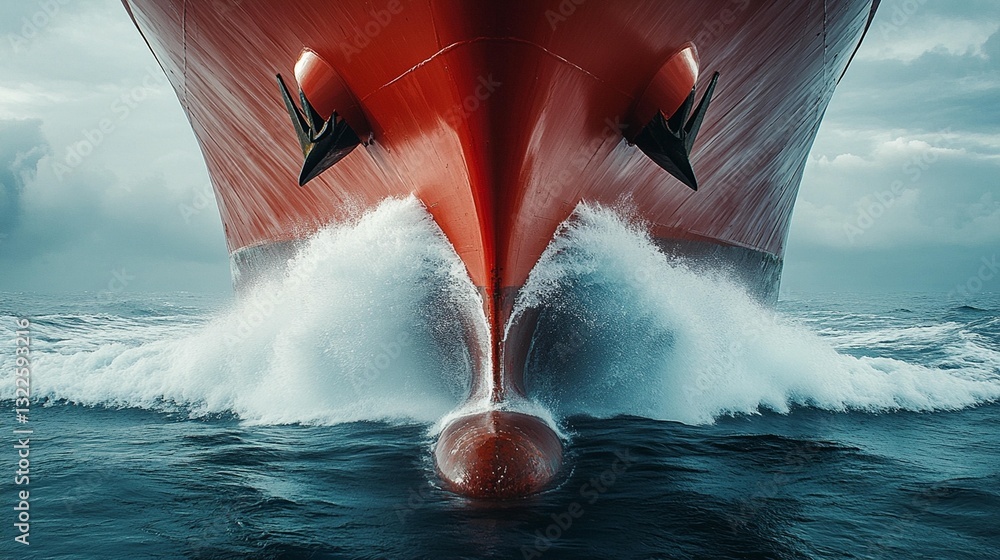 Red cargo ship's bow cutting through ocean waves.