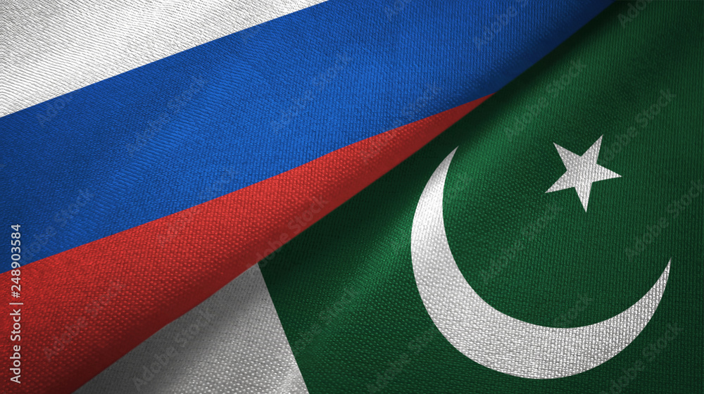 Russia and Pakistan two flags textile cloth, fabric texture