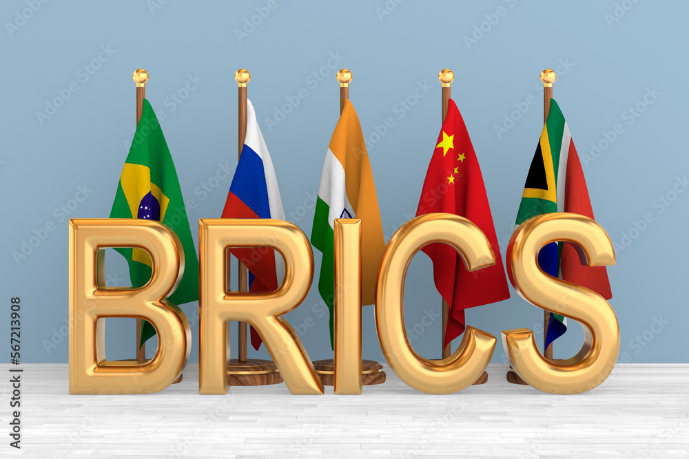 Set flags BRICS in room. 3D illustration