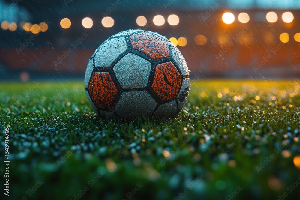 Soccer Ball on Grassy Field Under Stadium Floodlights at Night