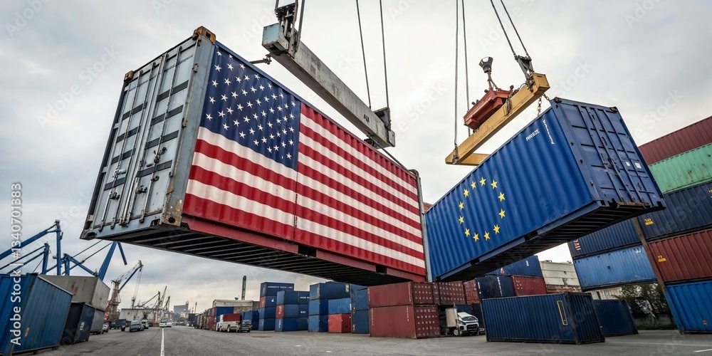 Sparks flying between two cargo containers with the american and EU flags, representing trade war, tarrifs and economic conflict