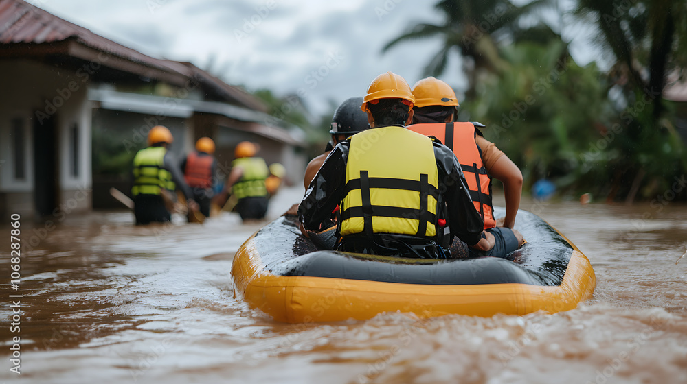 Team of Emergency Responders Conducting a Flood Rescue – First Responders, Disaster Relief, and Life-Saving Operations in Action