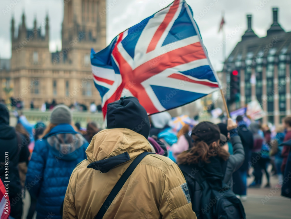 The end of british free speech Censorship, online social media, punishment, rioting,riots. British flag and protestors taking to the streets. marching and unrest