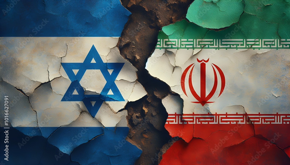 The flags of Israel and Iran, separated by a deep crack in the wall between them.